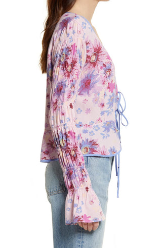 Free People Women's Venice Floral Tie Front Top Purple Size Small