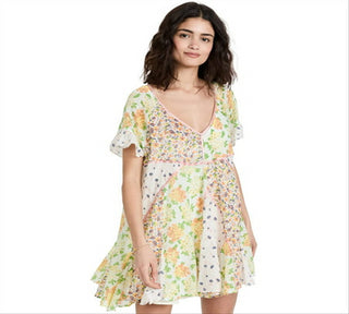 Free People Women's Wildflower Patchwork Cotton Minidress Brown Size Medium