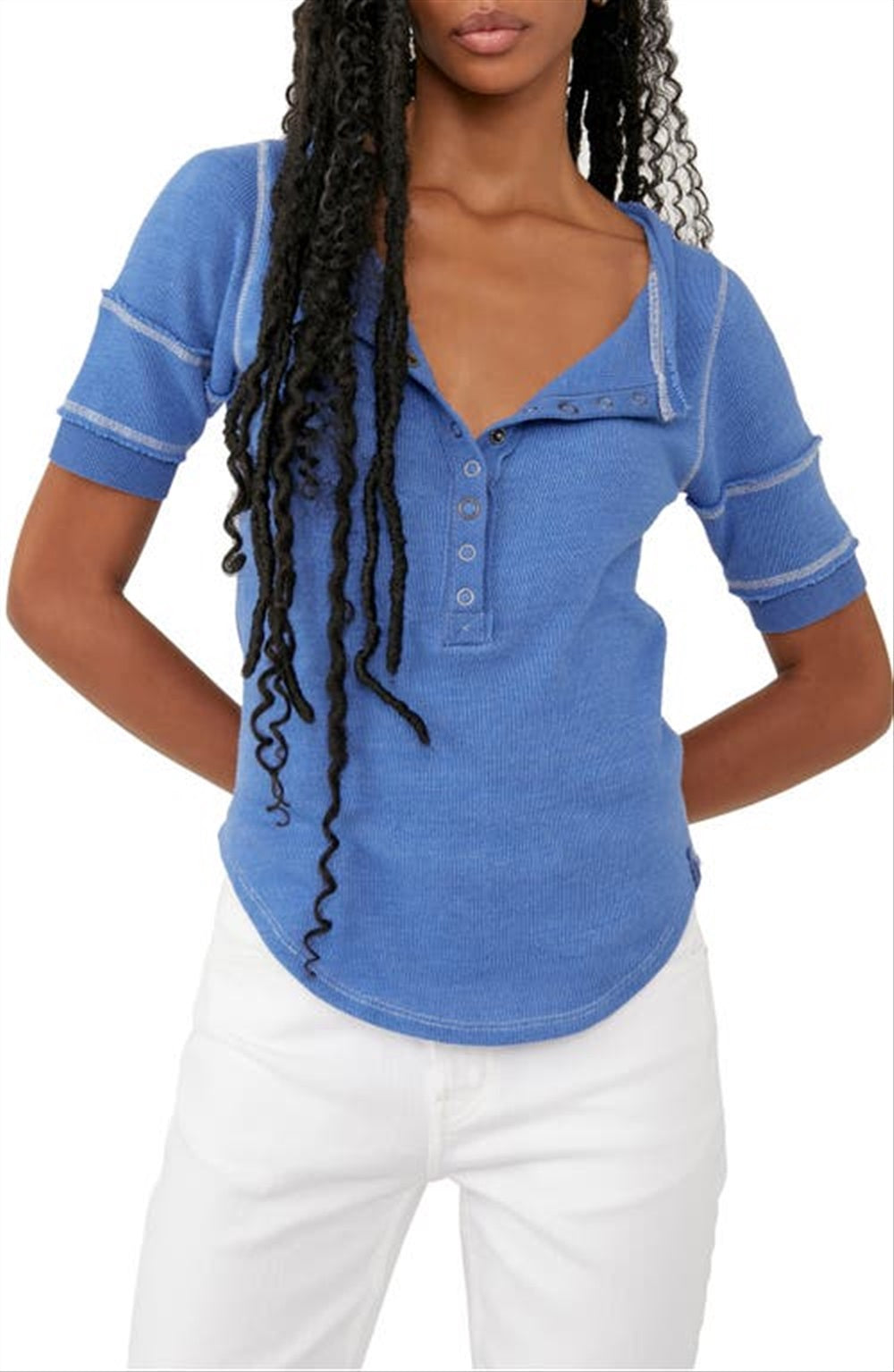 Free People Women's On The Run Cotton Blend Henley Blue Size Medium