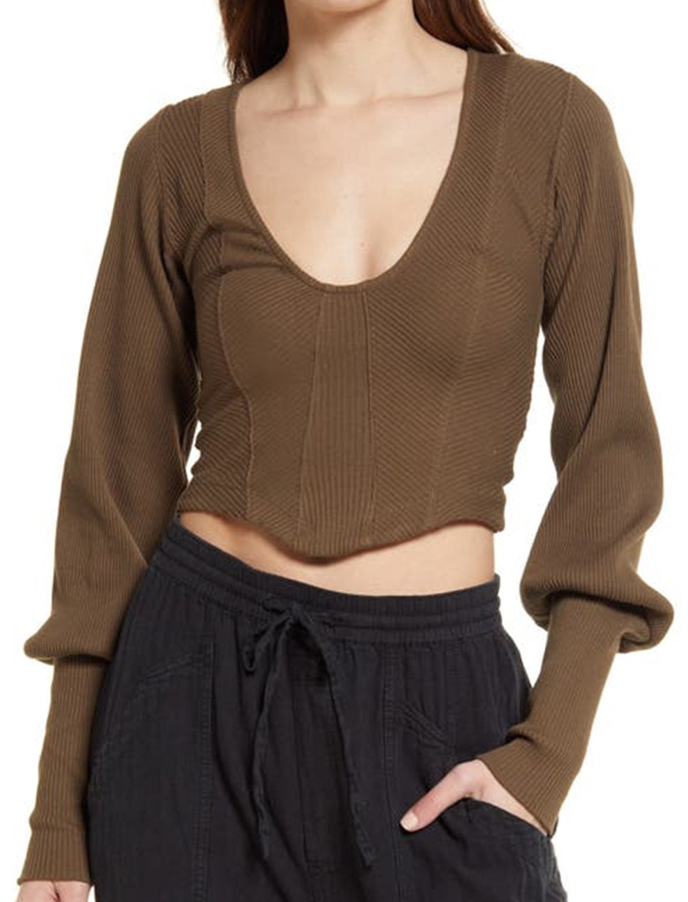 Free People Women's Petra U Neck Cotton Blend Crop Top Brown Size Medium