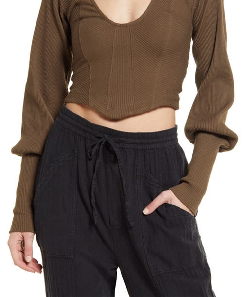 Free People Women's Petra U Neck Cotton Blend Crop Top Brown Size Medium