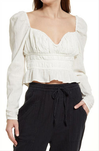 Free People Women's Chloe Smocked Tie Neck Cotton Top White Size X-Small