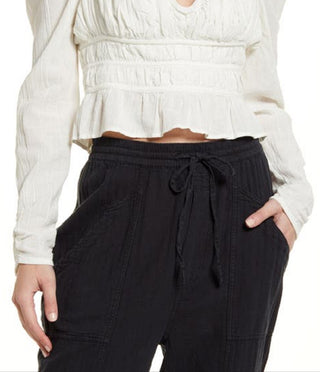 Free People Women's Chloe Smocked Tie Neck Cotton Top White Size X-Small