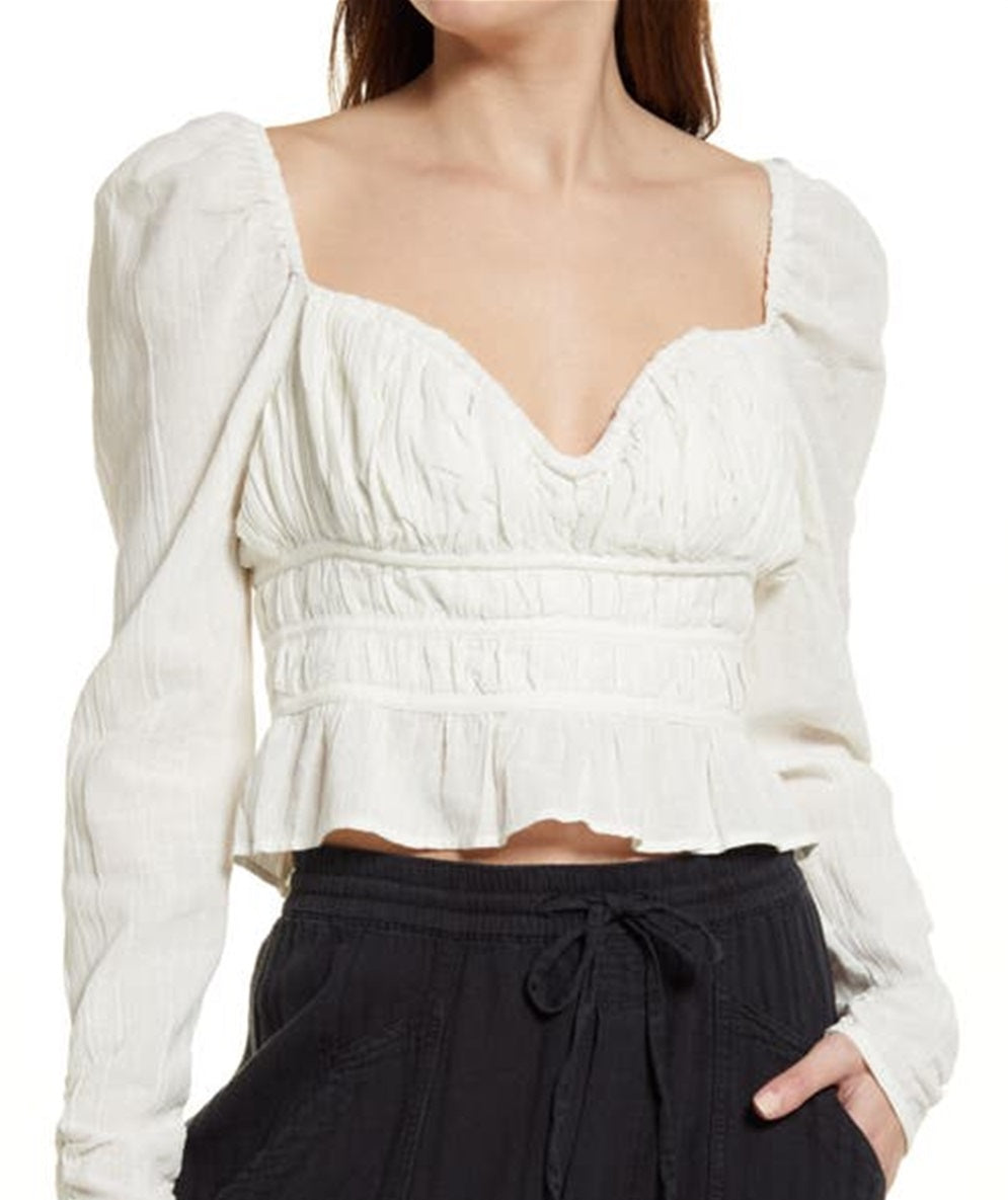 Free People Women's Chloe Smocked Tie Neck Cotton Top White Size Medium