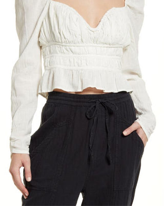 Free People Women's Chloe Smocked Tie Neck Cotton Top White Size Medium