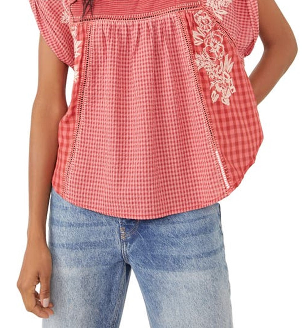 Free People Women's Half Moon Gingham Check Shirt Red Size Large