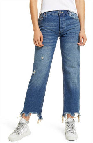 Free People Women's Maggie Ripped Ankle Straight Leg Jeans Blue Size 28