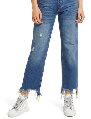 Free People Women's Maggie Ripped Ankle Straight Leg Jeans Blue Size 28