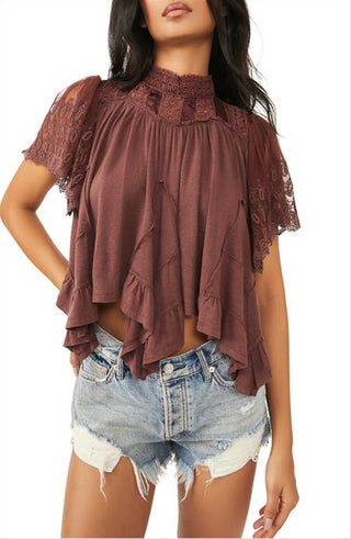Free People Savannah XS Blouse in Chocolate Lava with Handkerchief Hem