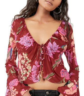 Free People Women's Of Paradise Floral Bell Sleeve Blouse Pink Size Small