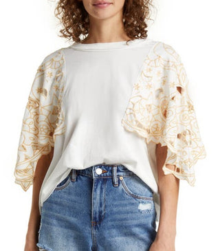 Free People Women's Angel Embroidered Flutter Sleeve Cotton T-Shirt White Size Small