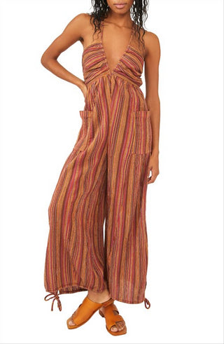 Free People Women's Sundaze For Surfin Halter Jumpsuit Red Size Medium