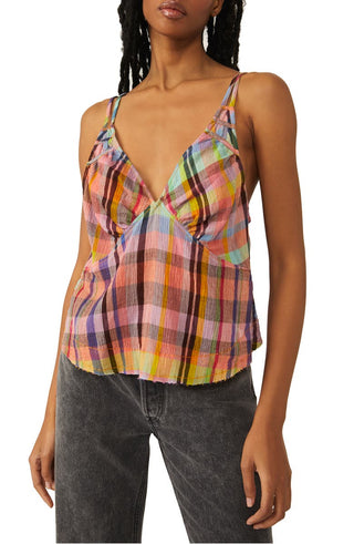 Free People Women's Plaid Cotton Crop Top Pink Size Large