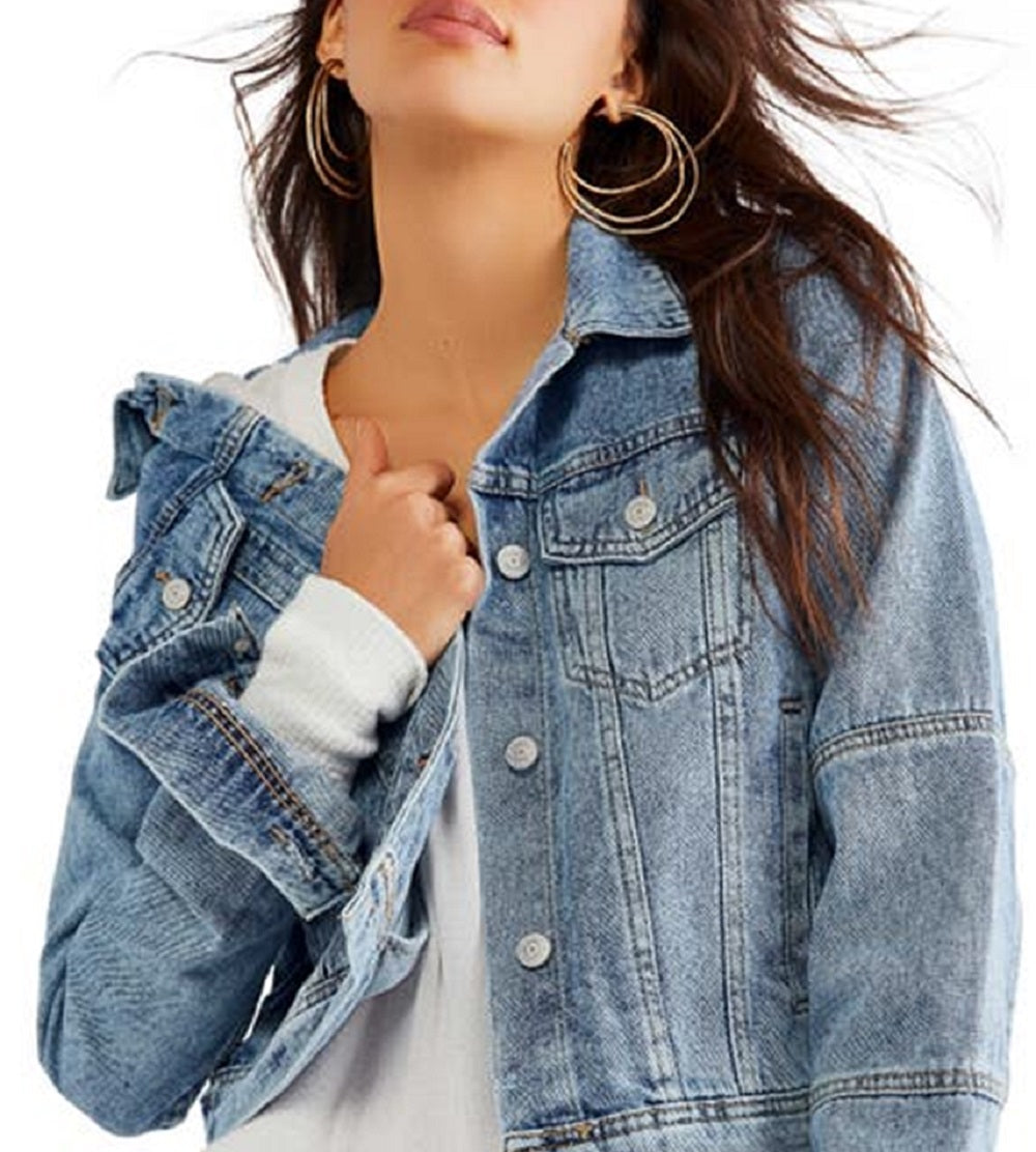 Free People Women's Rumors Crop Denim Trucker Jacket Blue Size X-Small