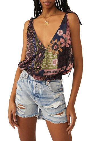 Free People Tied to You Print Surplice Tank in Lemonade Combo Size Small