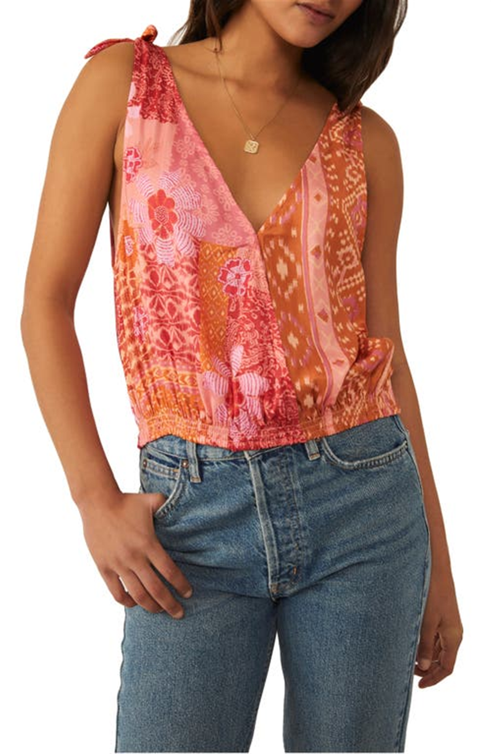 Free People Tied to You Print Surplice Tank in Lemonade Combo Size Small