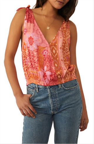 Free People Tied to You Print Surplice Tank in Lemonade Combo Size Small