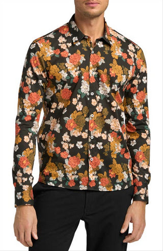 Good Man Brand Men's On-Point Stretch Button-Up Shirt In Black Tuscan Floral Size X-Large