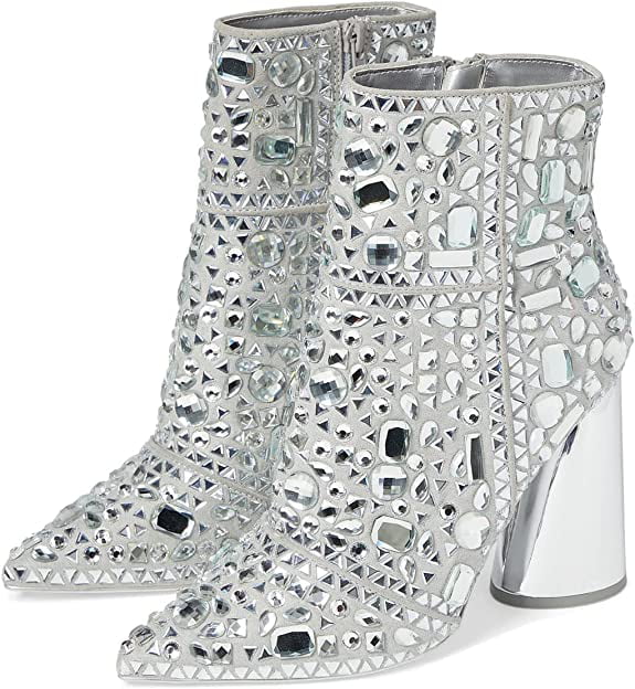 Steve Madden Women's Vayle Rhinestone Embellished Spool Heel Pointed Toe Ankle Booties Silver Size 7 M