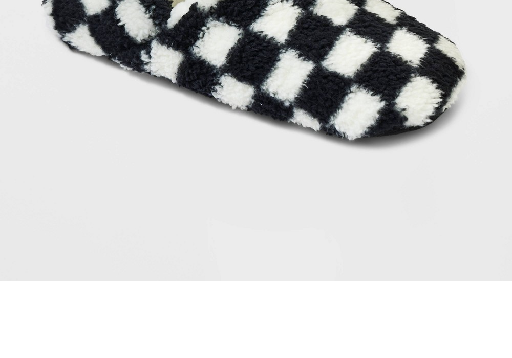 Women's Checkered Print Cozy Fleece Pull-On Slipper Socks with Grippers Black/Ivory Size S
