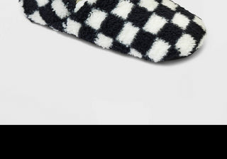 Women's Checkered Print Cozy Fleece Pull-On Slipper Socks with Grippers Black/Ivory Size S