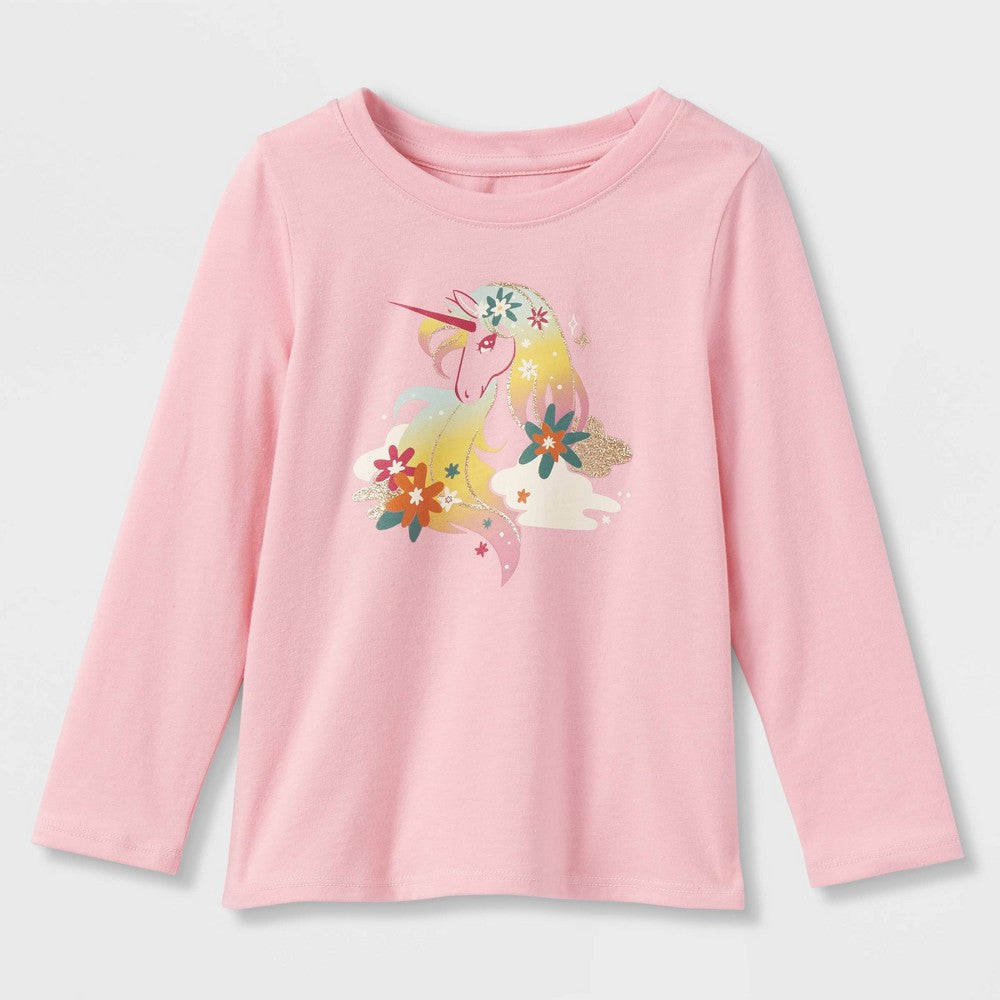 Cat & Jack Toddler Girls' Rainbow Unicorn Long Sleeve Graphic T-Shirt Pink 5T