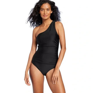 Kona Sol Women's Tummy Control One Shoulder Ruched Full Coverage One Piece Swimsuit Black Size S