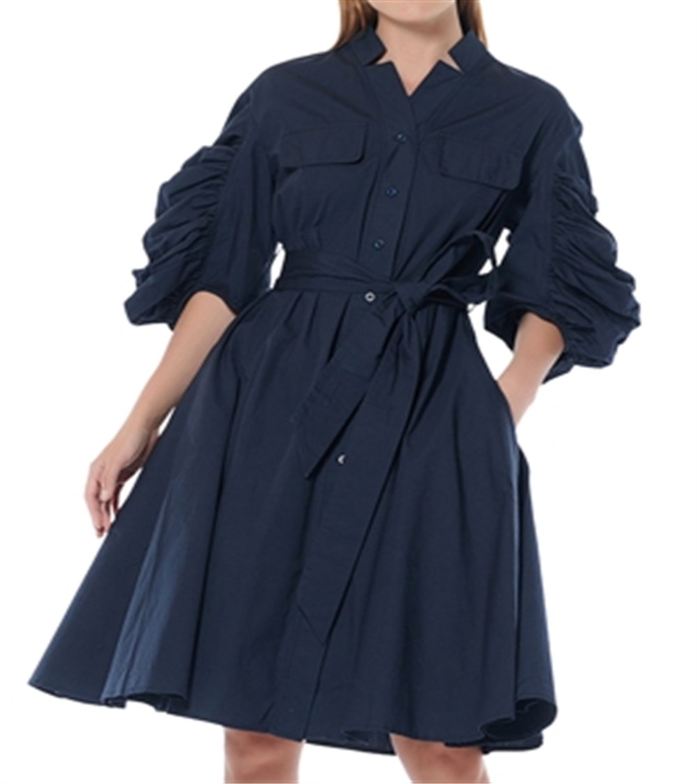 Gracia Women's Cotton Ruched Sleeve Shirt Dress Blue Size Small