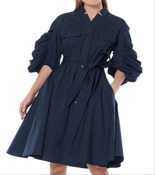 Gracia Women's Cotton Ruched Sleeve Shirt Dress Blue Size Small