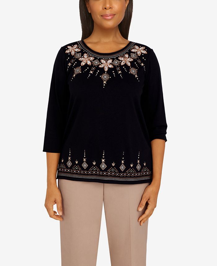 Alfred Dunner Women's Floral Yoke Applique Top Black Size Petite Medium