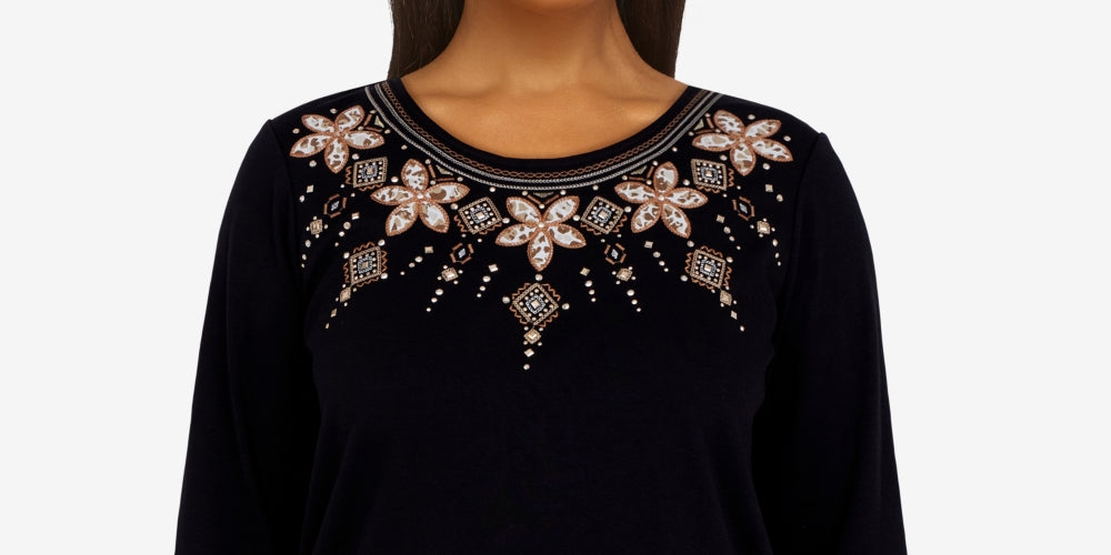 Alfred Dunner Women's Floral Yoke Applique Top Black Size Petite Medium
