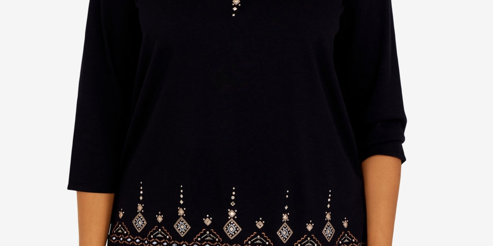 Alfred Dunner Women's Floral Yoke Applique Top Black Size Petite Medium