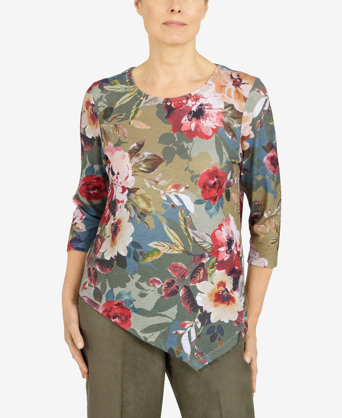 Alfred Dunner Women's Asymmetrical 3/4 Sleeve Floral Print Top Green Size Large