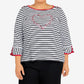 Alfred Dunner Women's Checking In Embroidered Heart Striped Top Black Size 1X