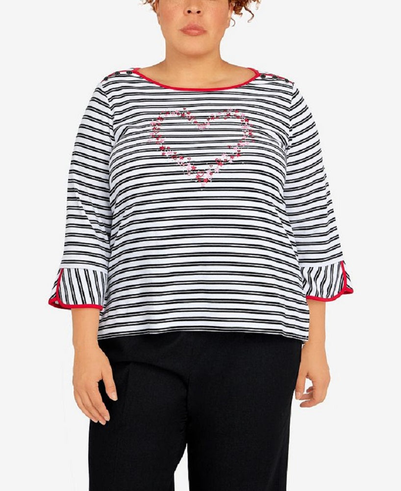 Alfred Dunner Women's Checking In Embroidered Heart Striped Top Black Size 1X