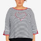 Alfred Dunner Women's Checking In Embroidered Heart Striped Top Black Size 1X