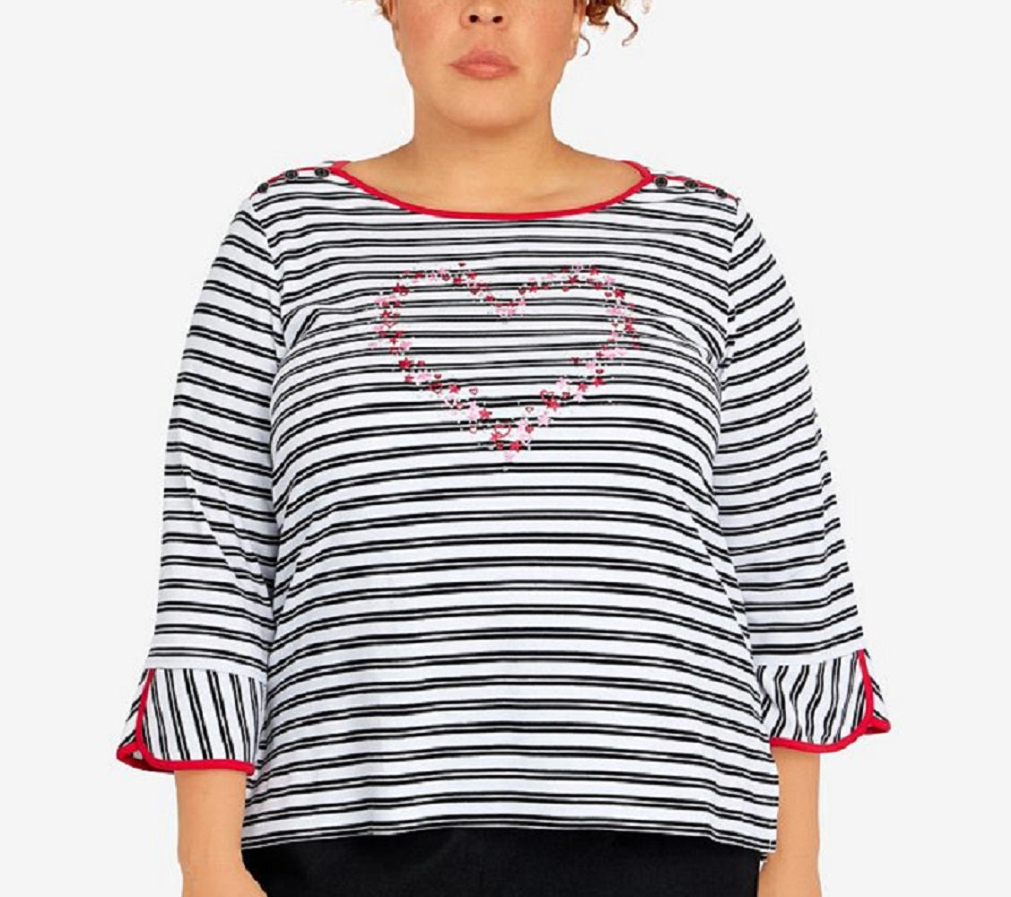 Alfred Dunner Women's Checking In Embroidered Heart Striped Top Black Size 1X