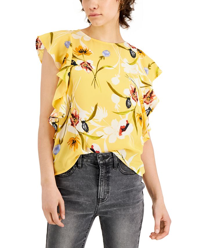 Tinsel Women's Printed Ruffled Top Yellow Size Petite Large