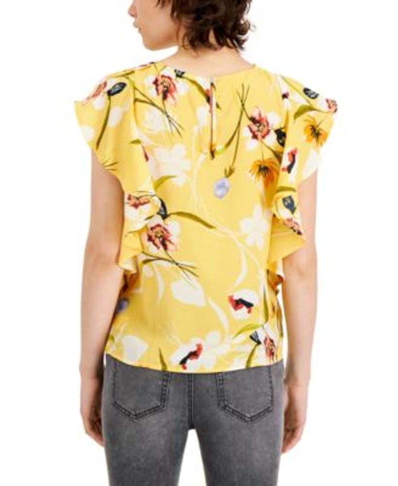 Tinsel Women's Printed Ruffled Top Yellow Size Petite Large