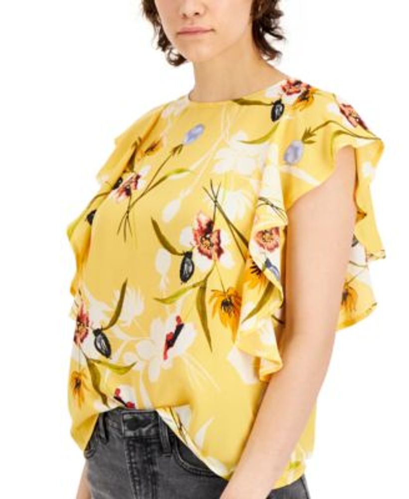Tinsel Women's Printed Ruffled Top Yellow Size Petite Large