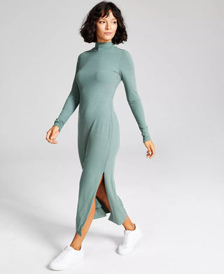 And Now This Women's Ribbed High Neck Midi Bodycon Dress Green Size Large