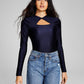 And Now This Women's Shiny Twisted Long Sleeve Thong Bodysuit Blue Size Small