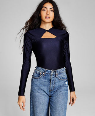 And Now This Women's Shiny Twisted Long Sleeve Thong Bodysuit Blue Size Small