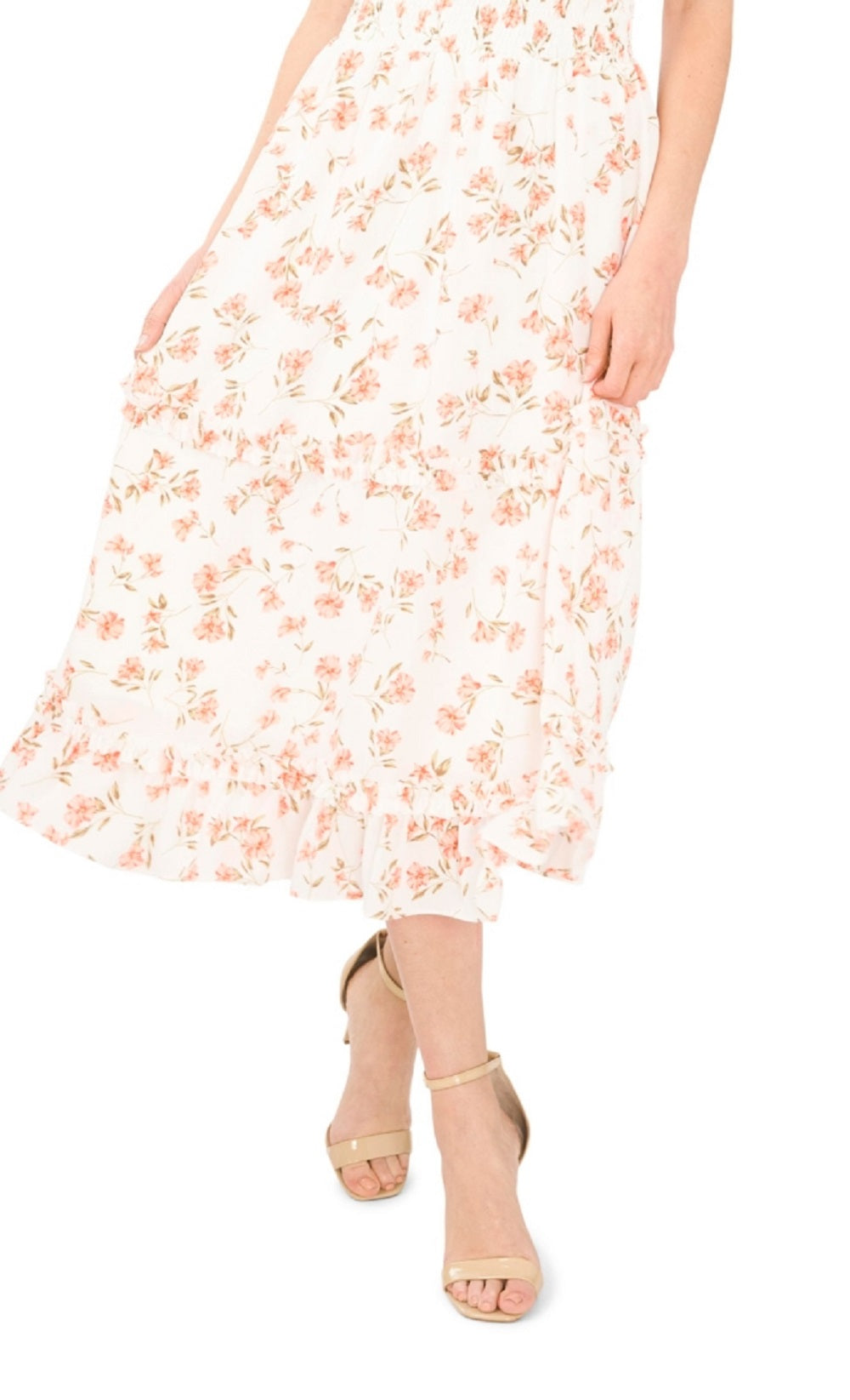 CeCe Women's Floral Smocked Ruffle Midi Dress White Size Large