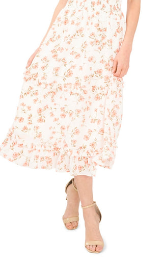 CeCe Women's Floral Smocked Ruffle Midi Dress White Size Large