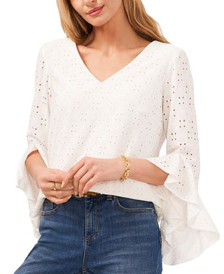 Vince Camuto Women's Eyelet Bell Sleeve Top White Size Medium