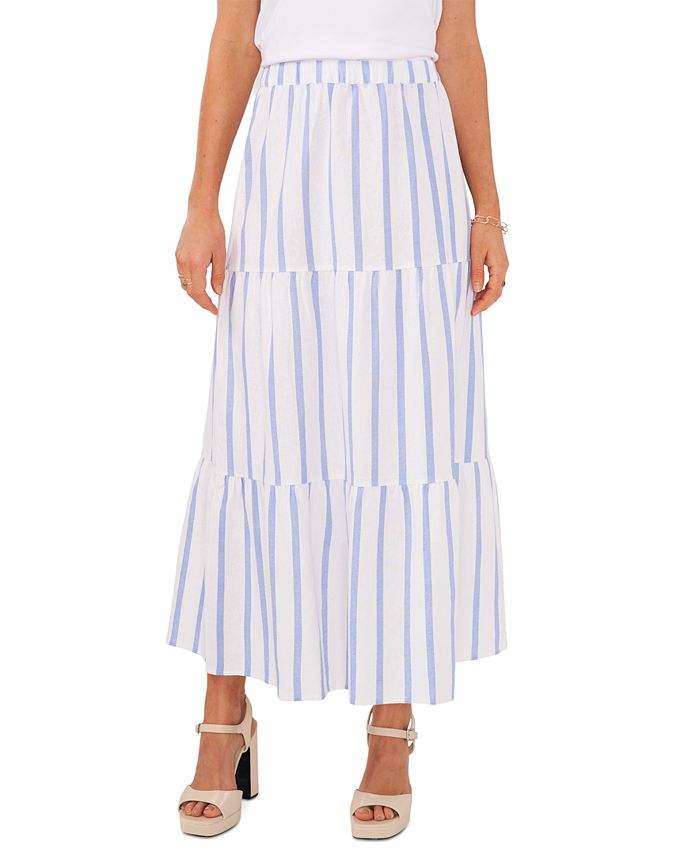 Vince Camuto Women's Stripe Tiered Stretch Cotton Maxi Skirt Blue