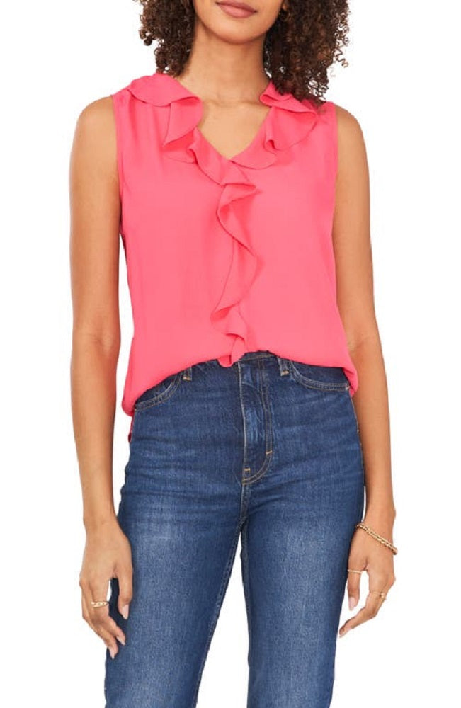 Vince Camuto Women's Ruffle Neck Sleeveless Georgette Blouse Pink Size X-Small