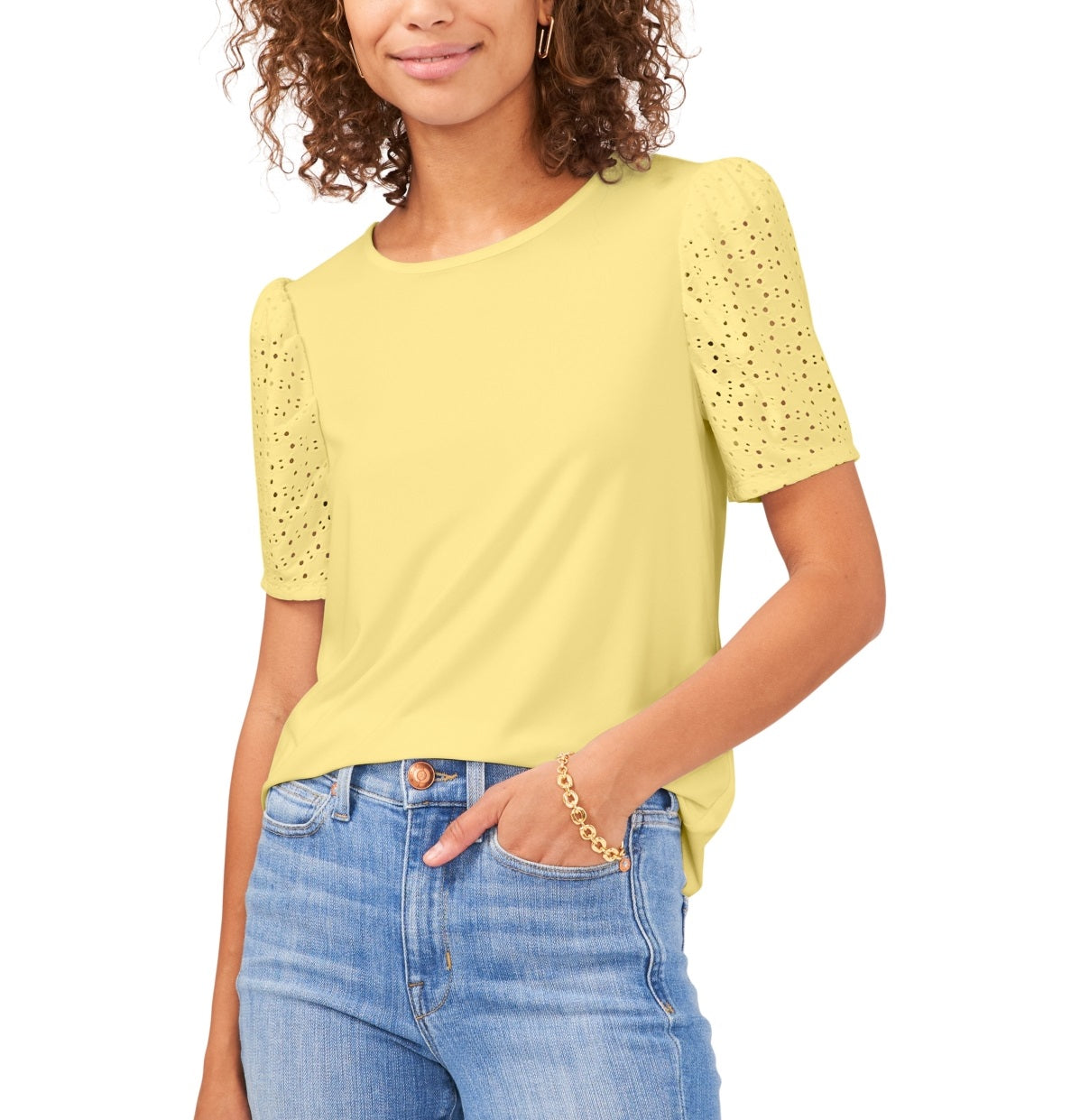 Vince Camuto Women's Eyelet Sleeve Knit Top Yellow Size Small