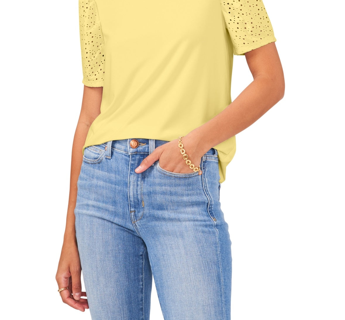 Vince Camuto Women's Eyelet Sleeve Knit Top Yellow Size Small